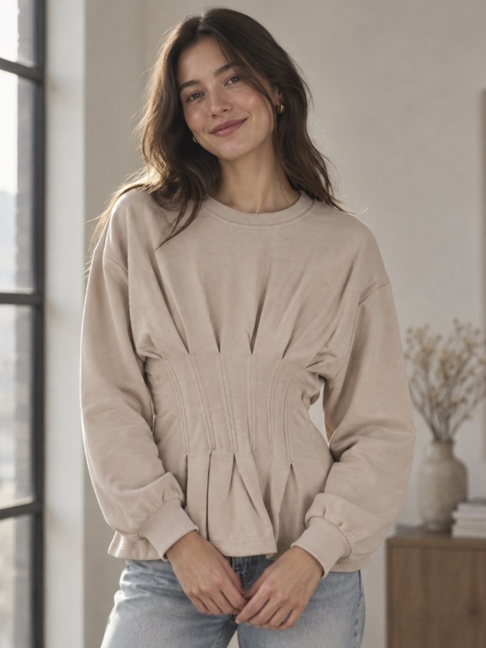 Heyson NWT Beige Corset Waist Peplum Sweatshirt Top